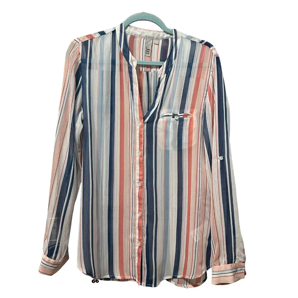 Kut From the Kluth size L blue stripe sheer button front v neck long sleeve top - Picture 1 of 7